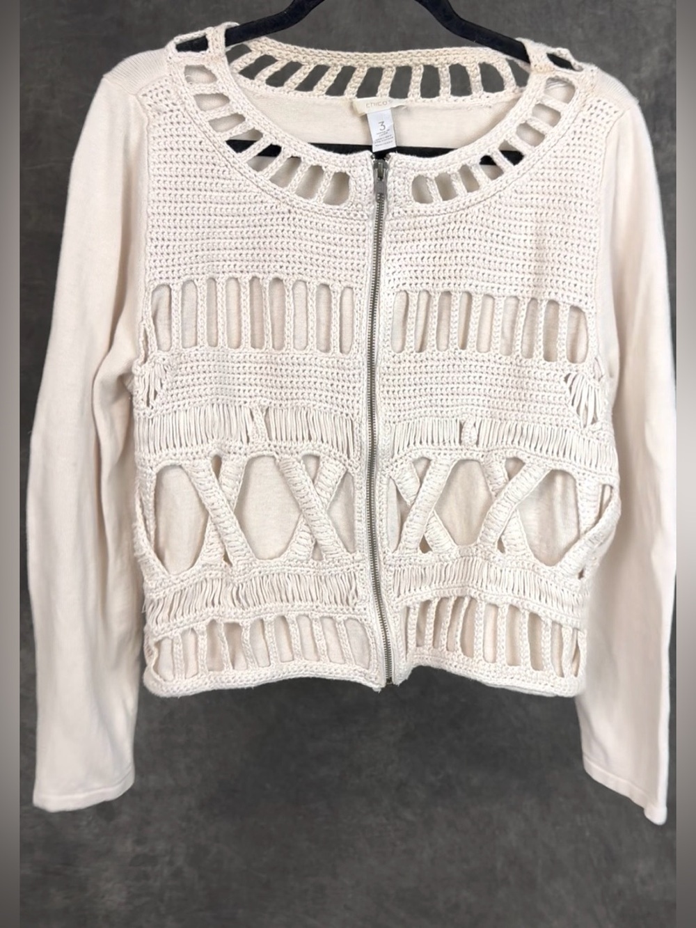 Chico’s Size 3 | Cream Crochet Zip Front Sweater Jacket - Picture 3 of 6
